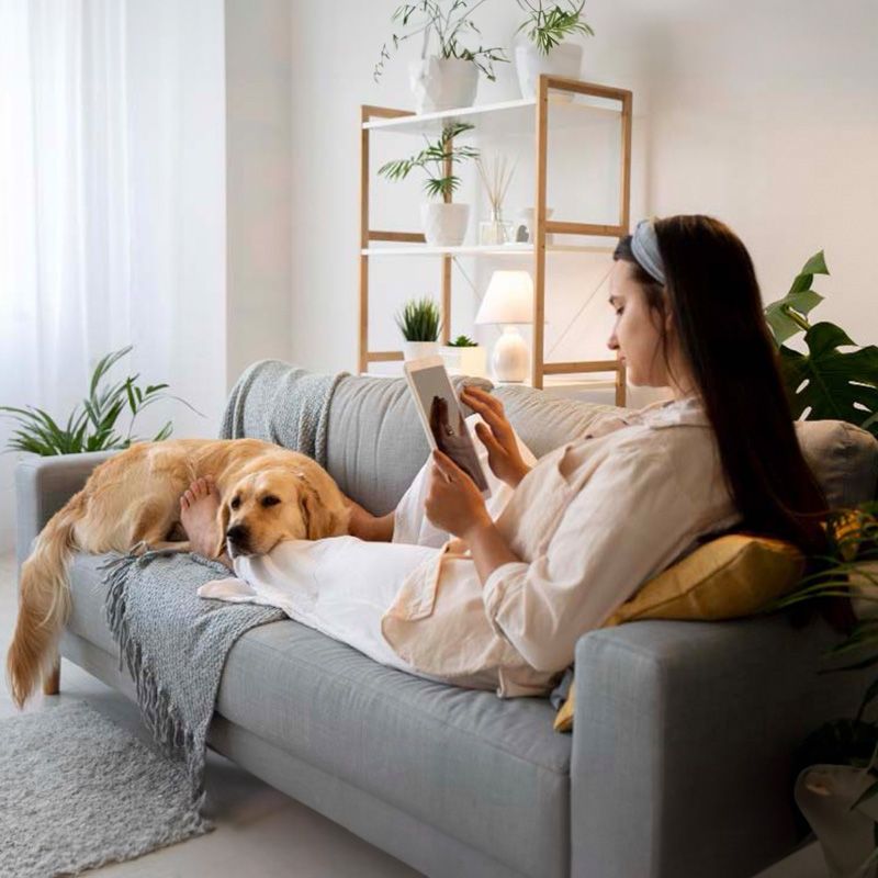 室内でわんちゃんといる様子