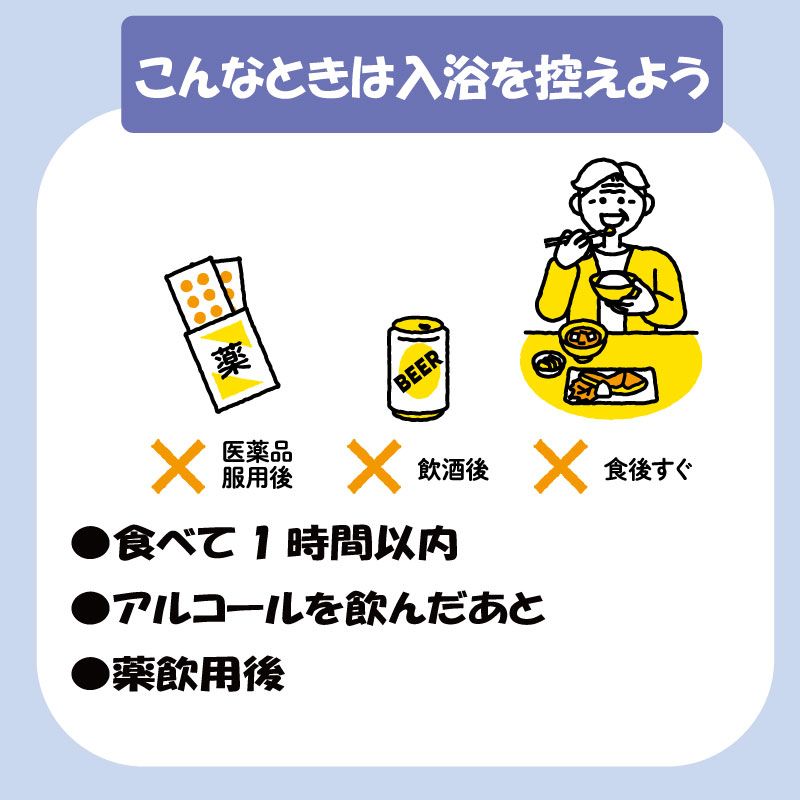 薬、お酒を飲んだ後、食後すぐは入浴を避けましょう